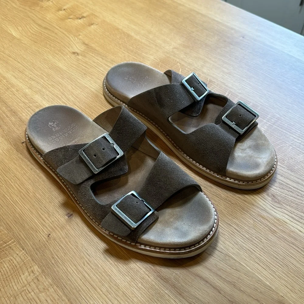 Brunello Cucinelli Men’s Brown Suede Double-Buckle Sandals